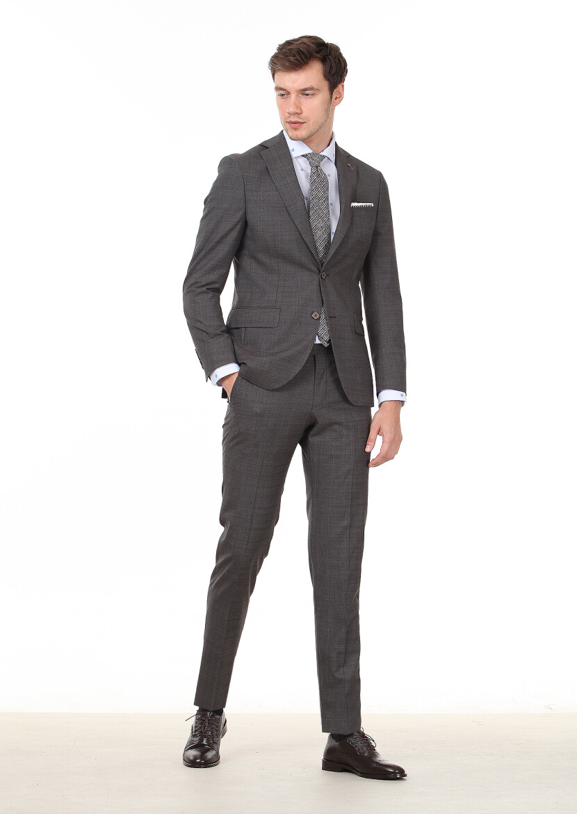 Brown Checkered Modern Fit 100% Wool Suit - 4