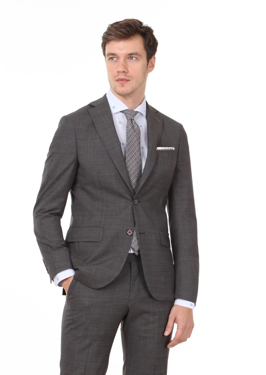 Brown Checkered Modern Fit 100% Wool Suit - 1