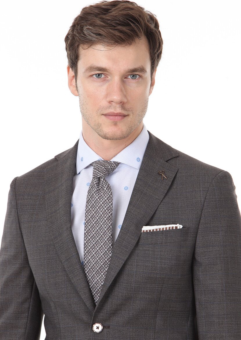 Brown Checkered Modern Fit 100% Wool Suit - 3