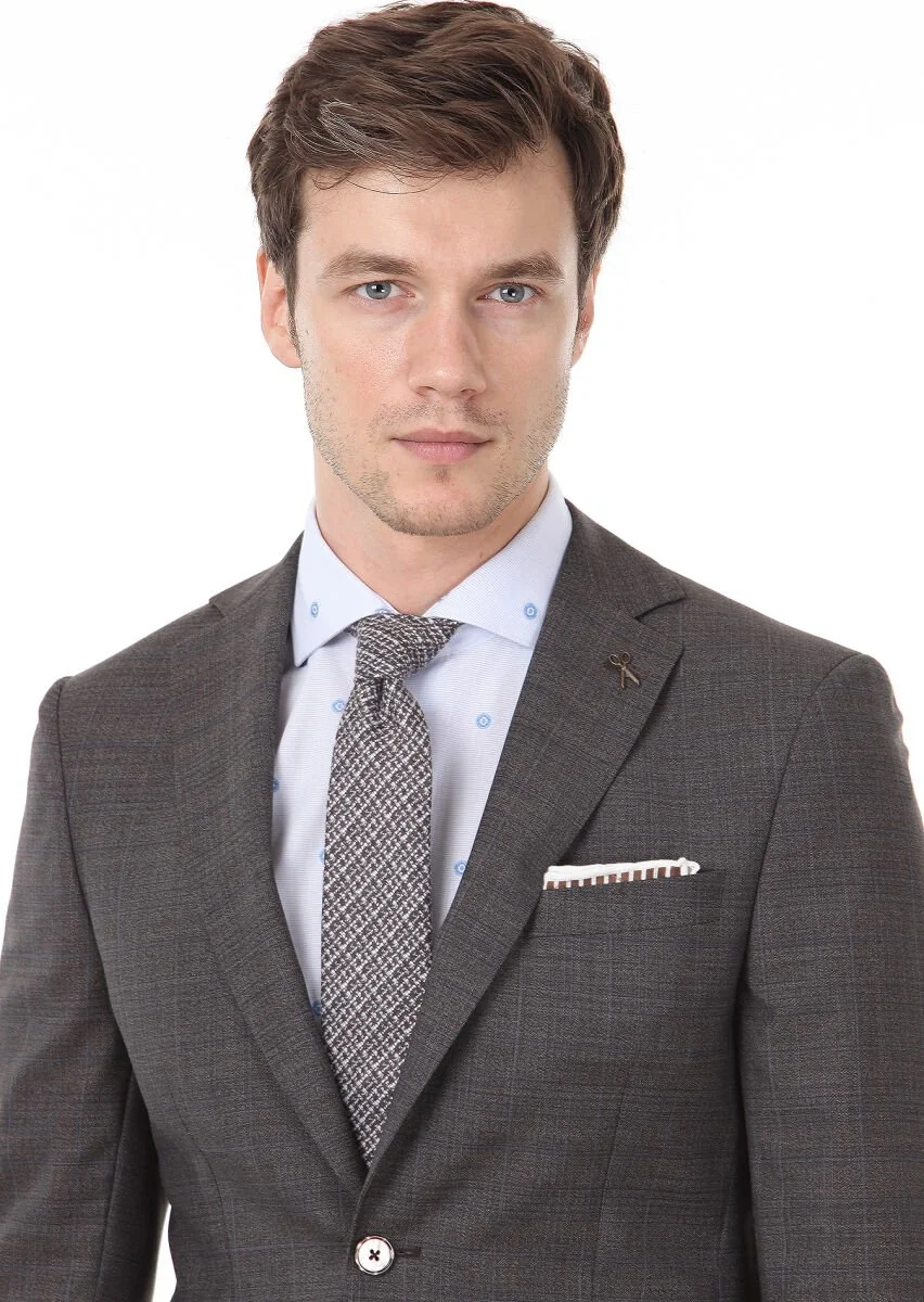Brown Checkered Modern Fit 100% Wool Suit - 3
