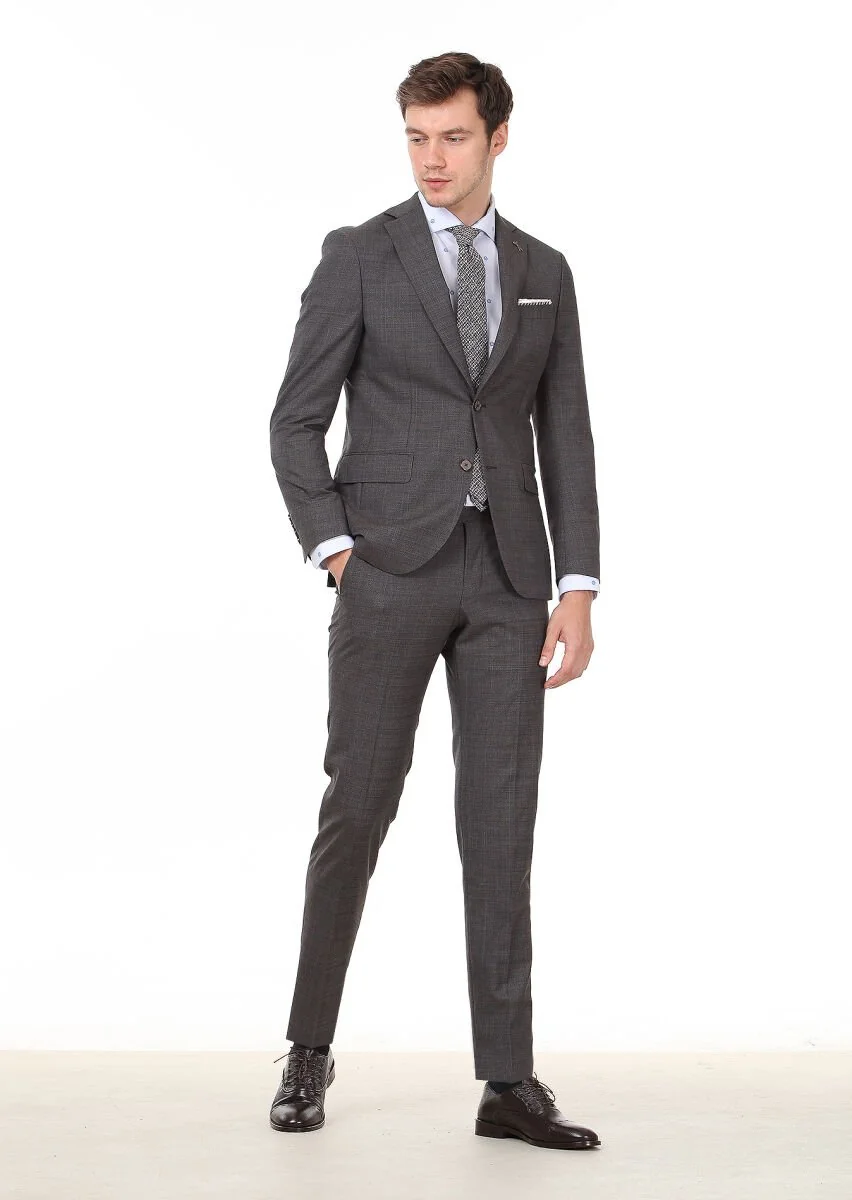 Brown Checkered Modern Fit 100% Wool Suit - 4