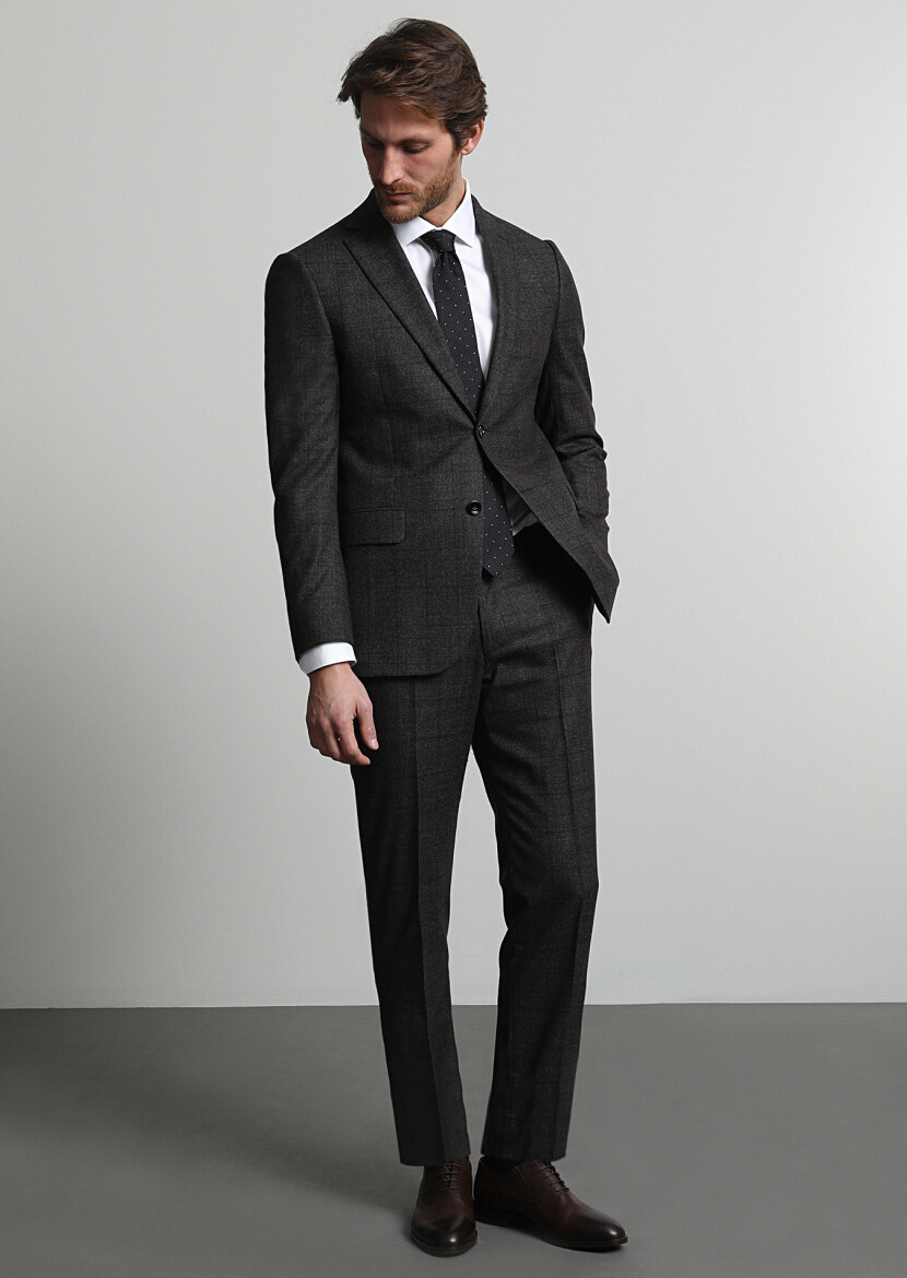 Brown Checkered Regular Fit Wool Blended Suit - 1