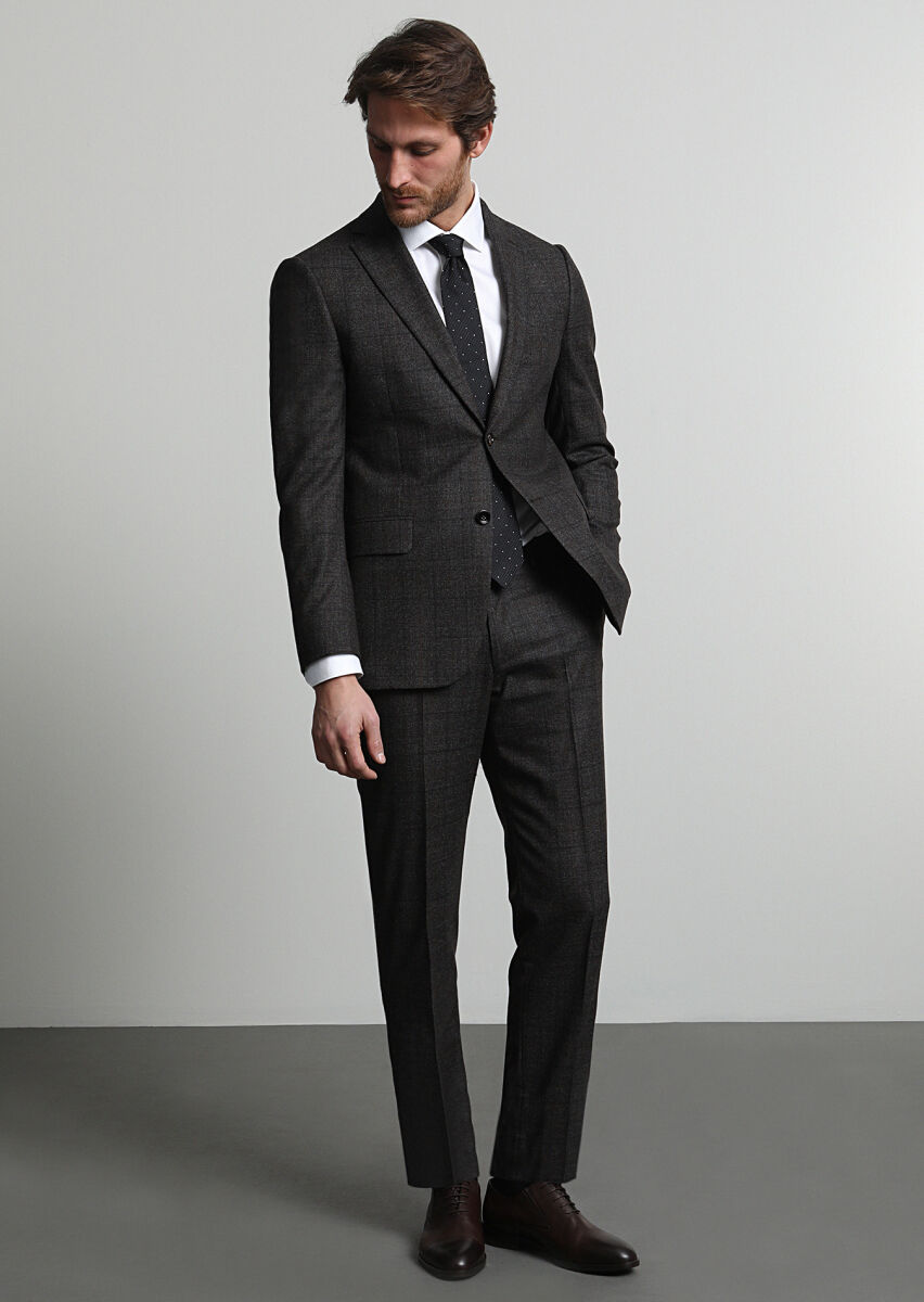 Brown Checkered Regular Fit Wool Blended Suit - 1