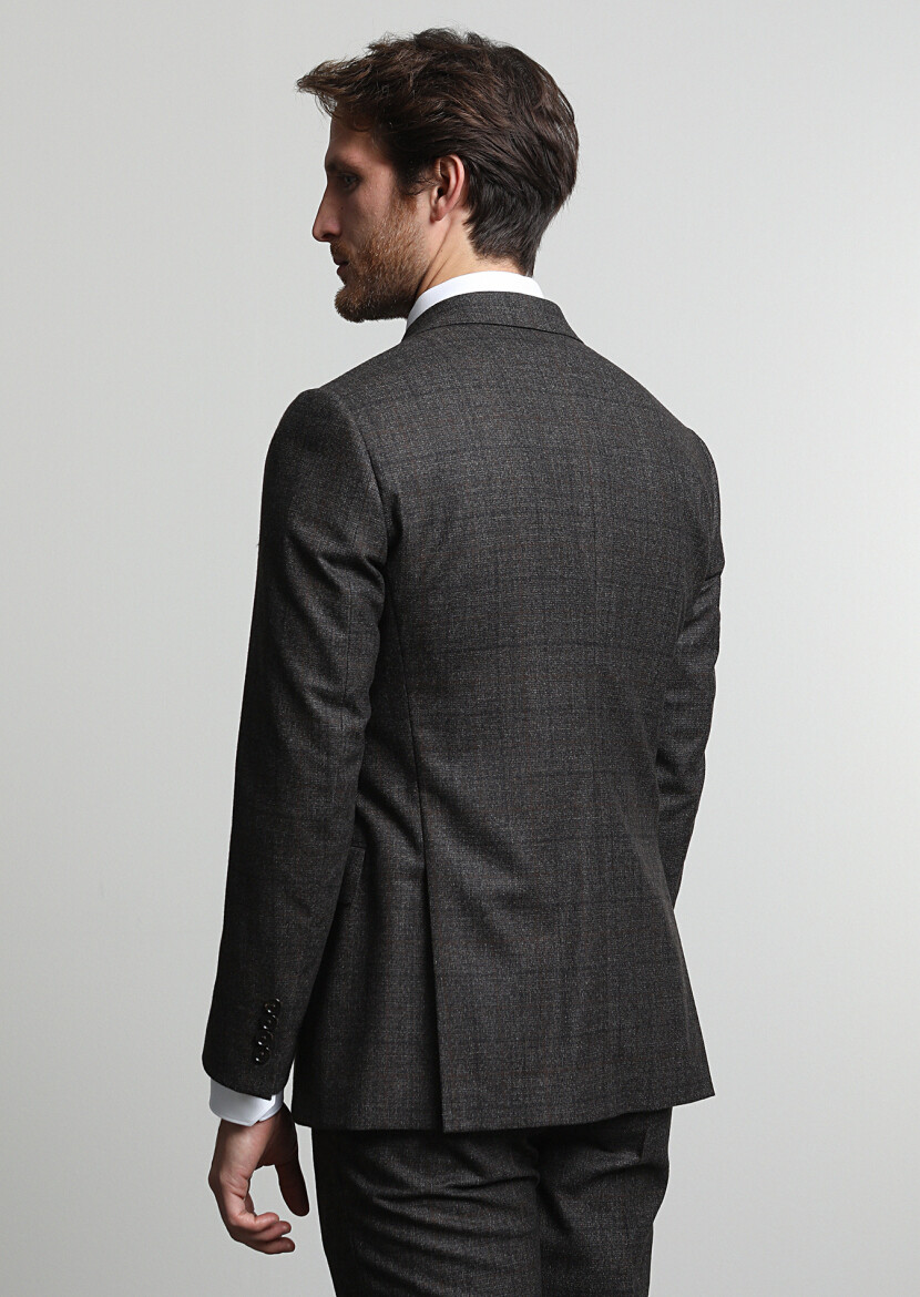 Brown Checkered Regular Fit Wool Blended Suit - 3
