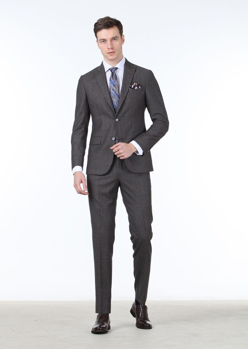 Brown Checkered Zeroweight Slim Fit 100% Wool Suit - 1