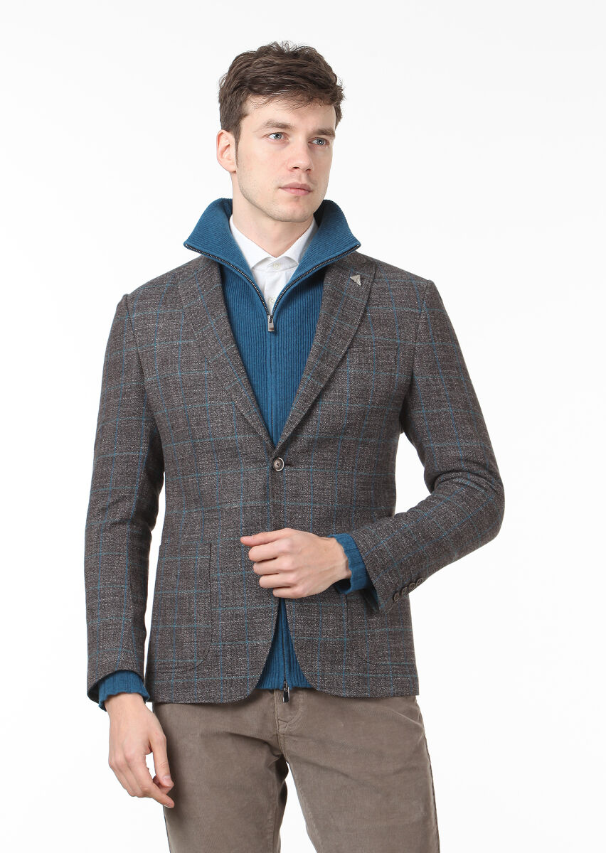 Brown Checkered Zeroweight Slim Fit Wool Blended Jacket - 1
