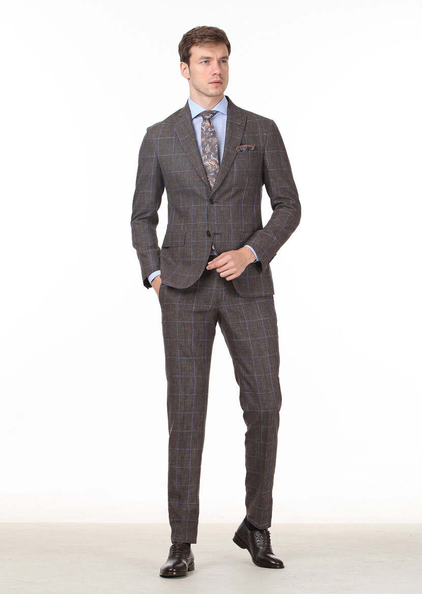 Brown Checkered Zeroweight Slim Fit Wool Blended Suit - 2