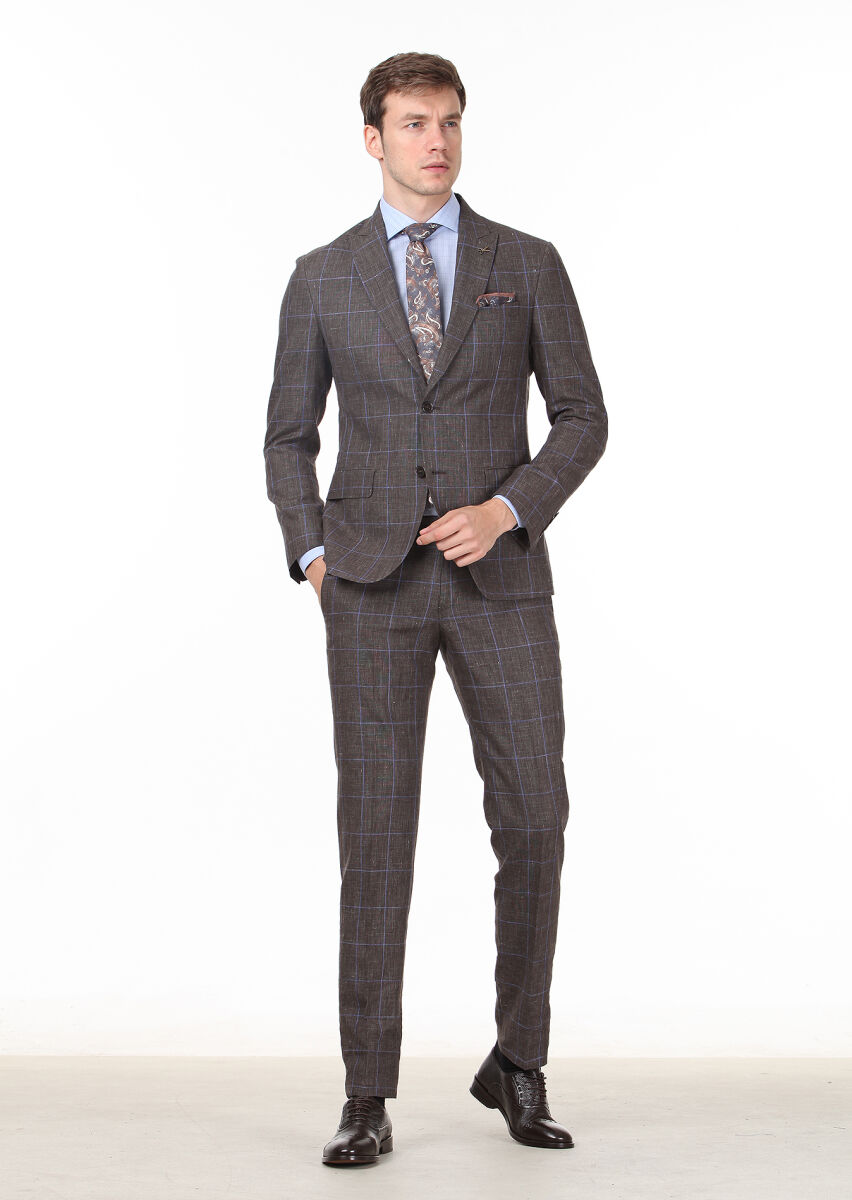 Brown Checkered Zeroweight Slim Fit Wool Blended Suit - 2