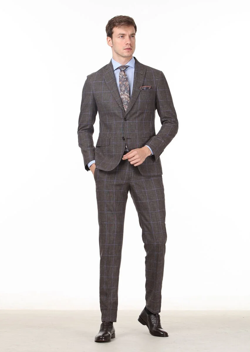 Brown Checkered Zeroweight Slim Fit Wool Blended Suit - 2