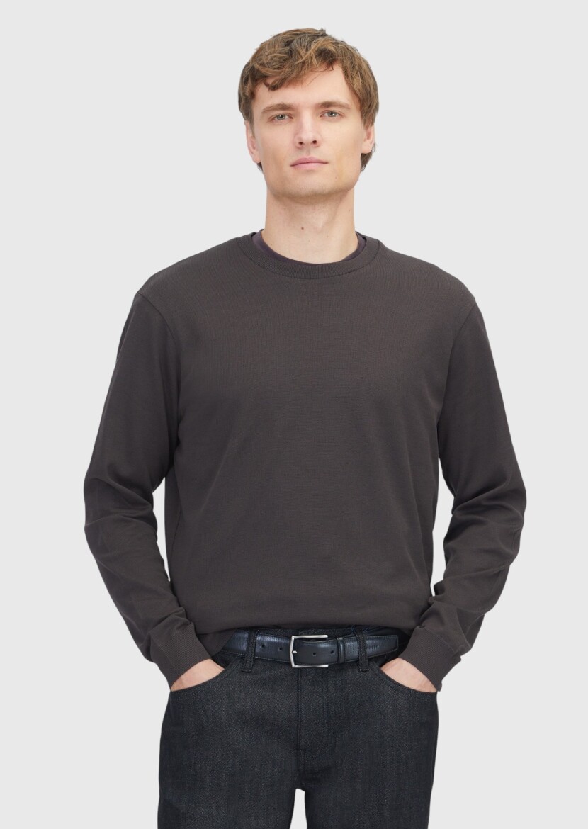 Brown Crew Neck Plain Sweatshirt - RAMSEY