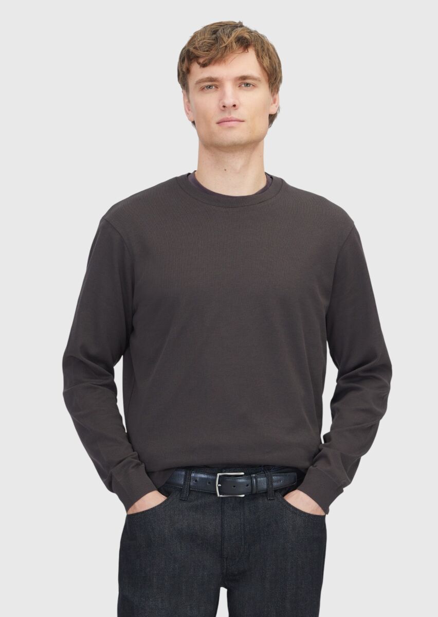 Brown Crew Neck Plain Sweatshirt - 1