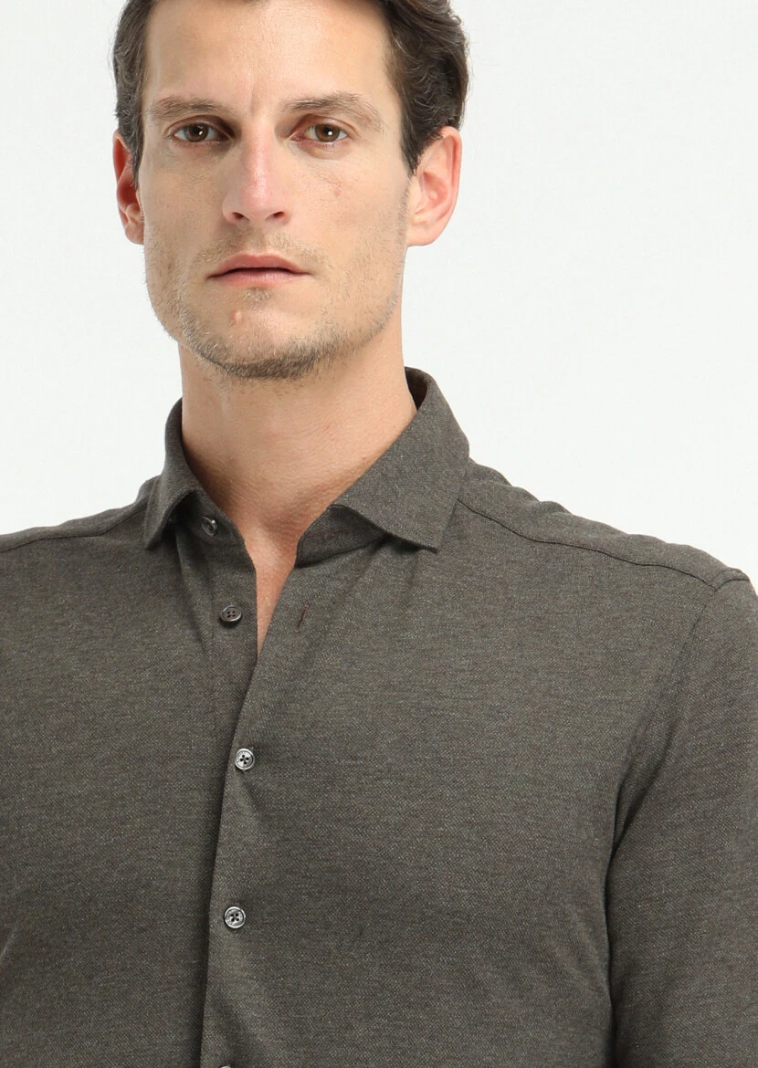 Brown Fitted Fit Knitting Casual 100% Cotton Shirt 