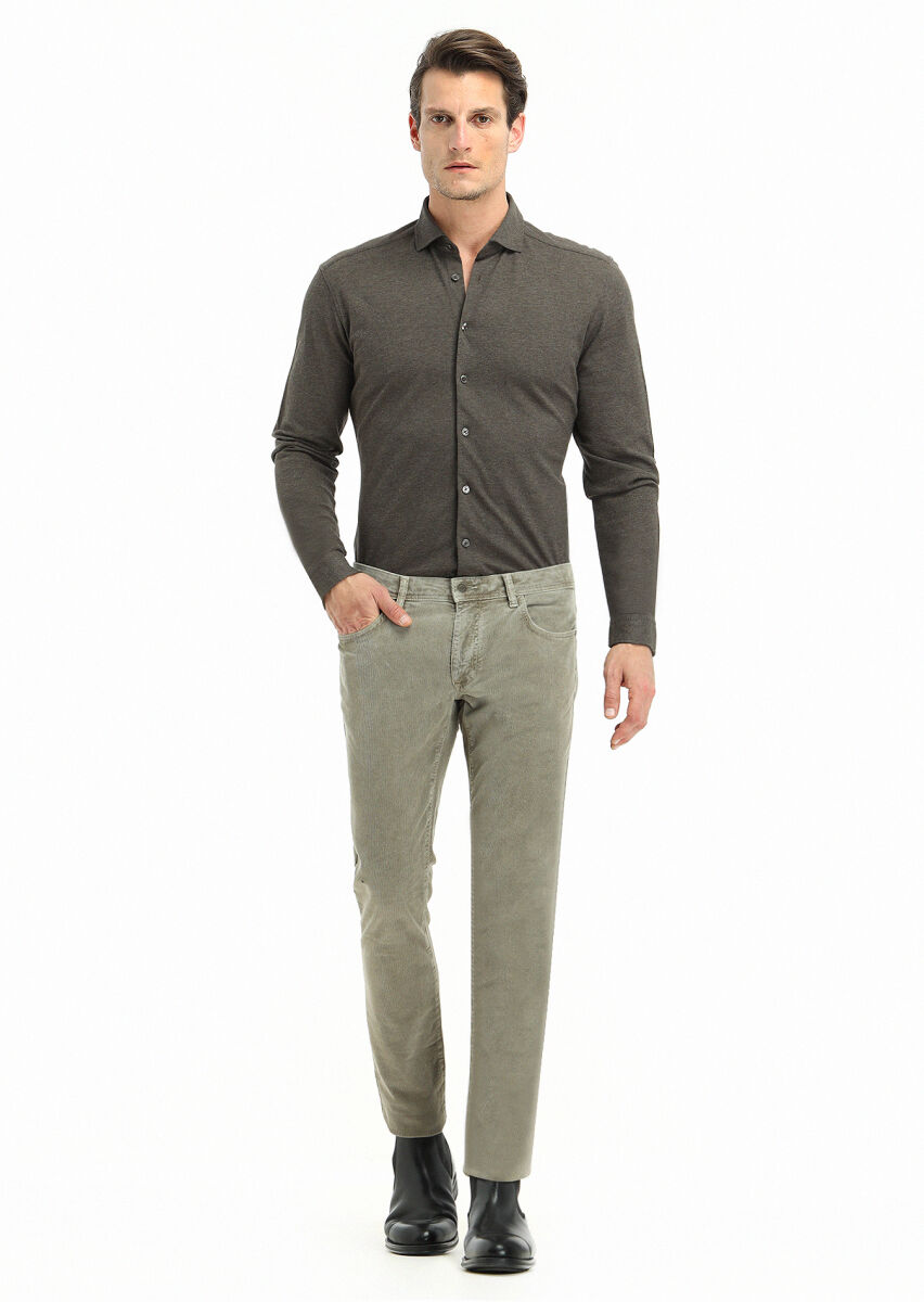 Brown Fitted Fit Long Knitting Casual 100% Cotton Shirt - 1
