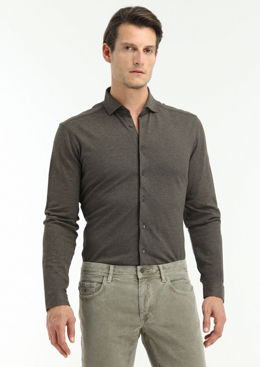 Brown Fitted Fit Long Knitting Casual 100% Cotton Shirt - 3