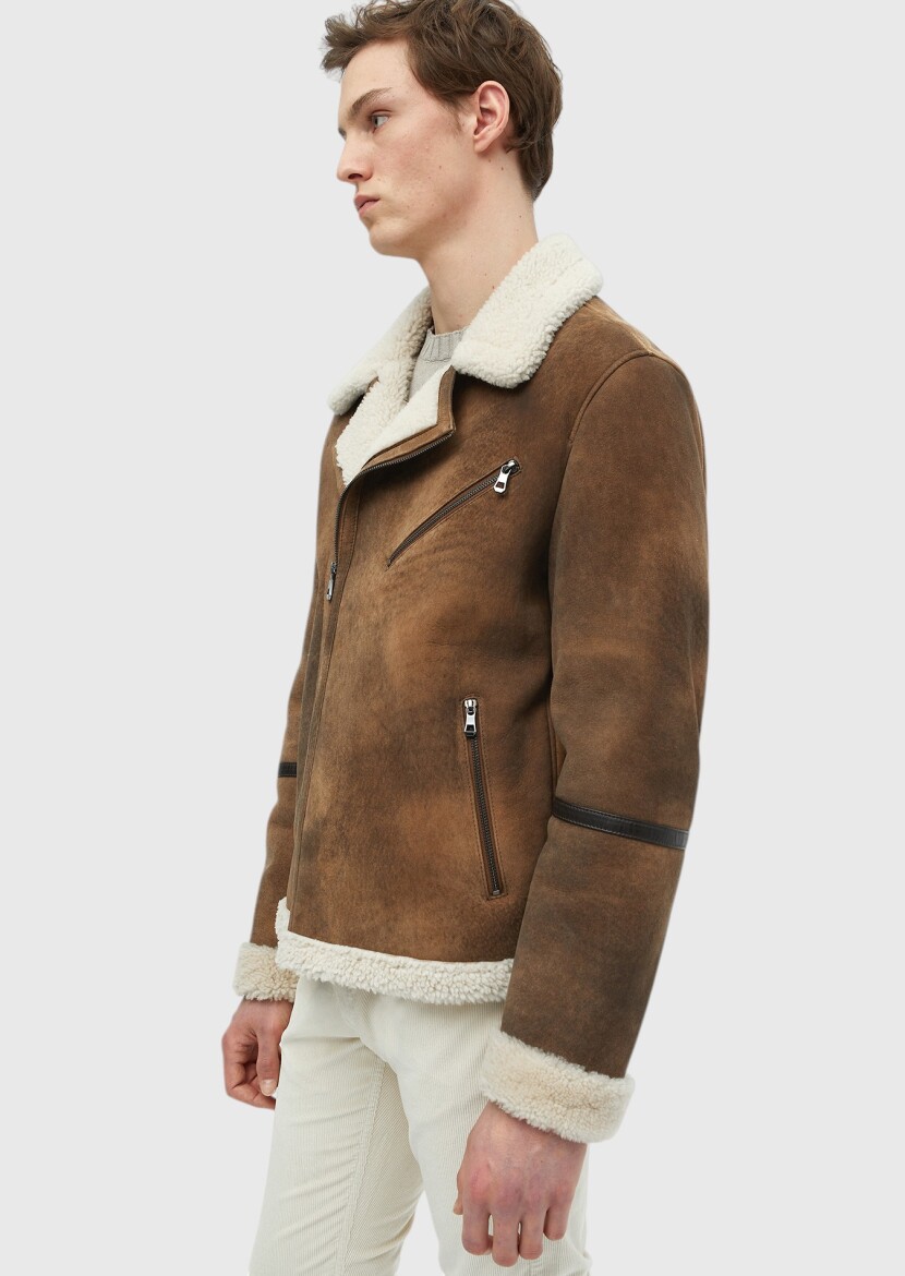 Brown Fur Leather Coat - 4