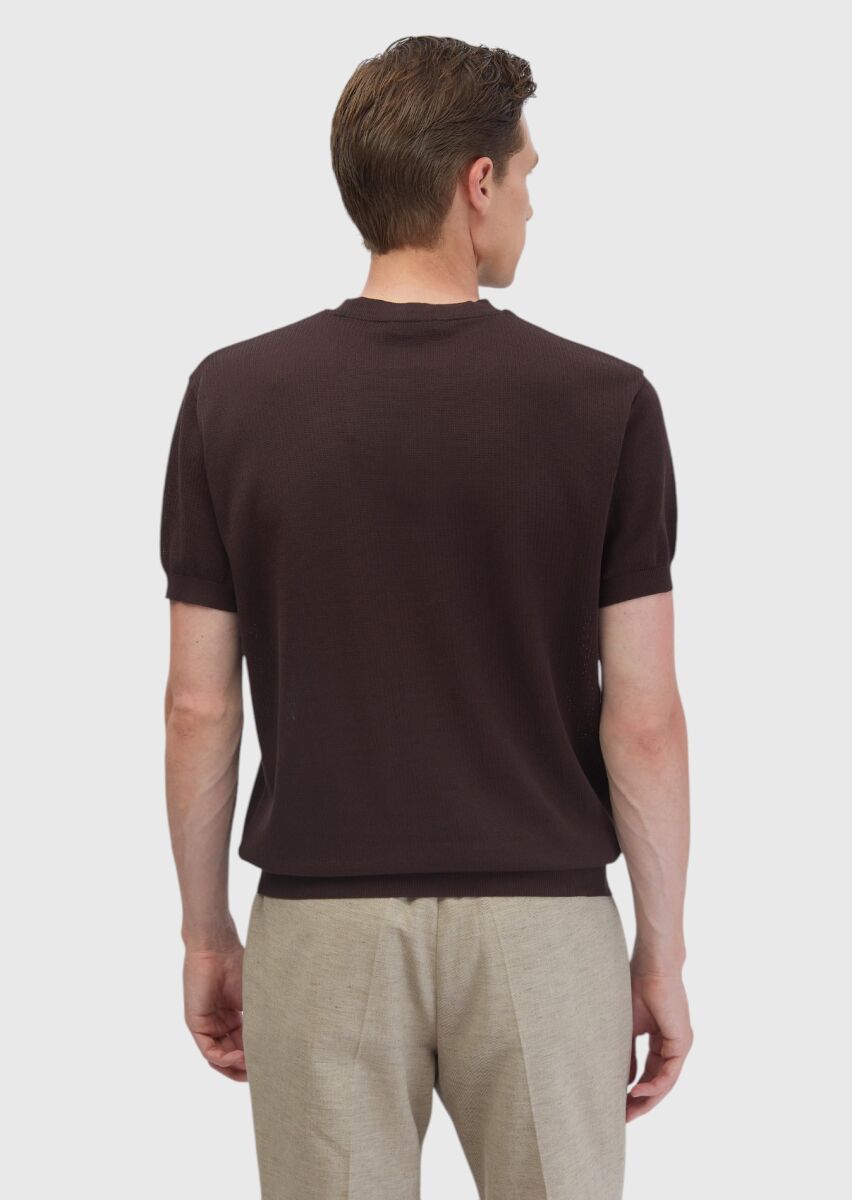 Brown Jacquard Crew Neck 100% Cotton T-Shirt - 5