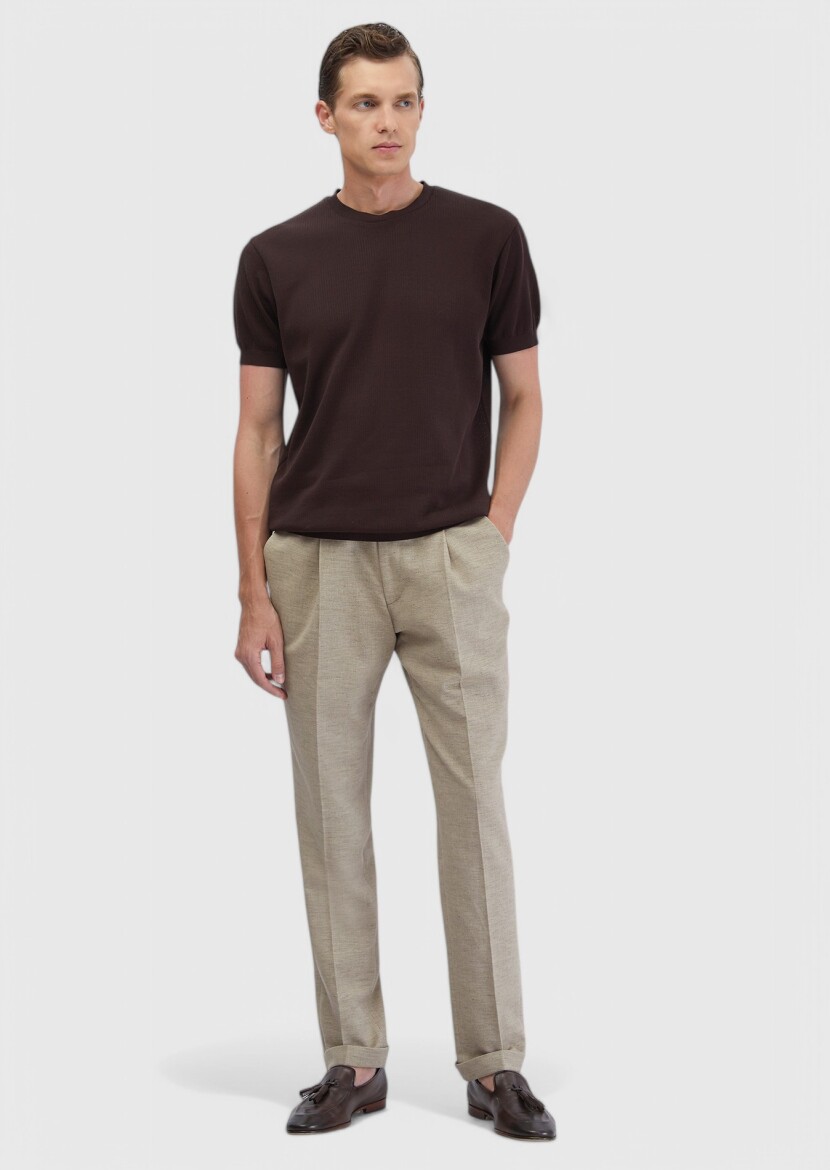 Brown Jacquard Crew Neck 100% Cotton T-Shirt 