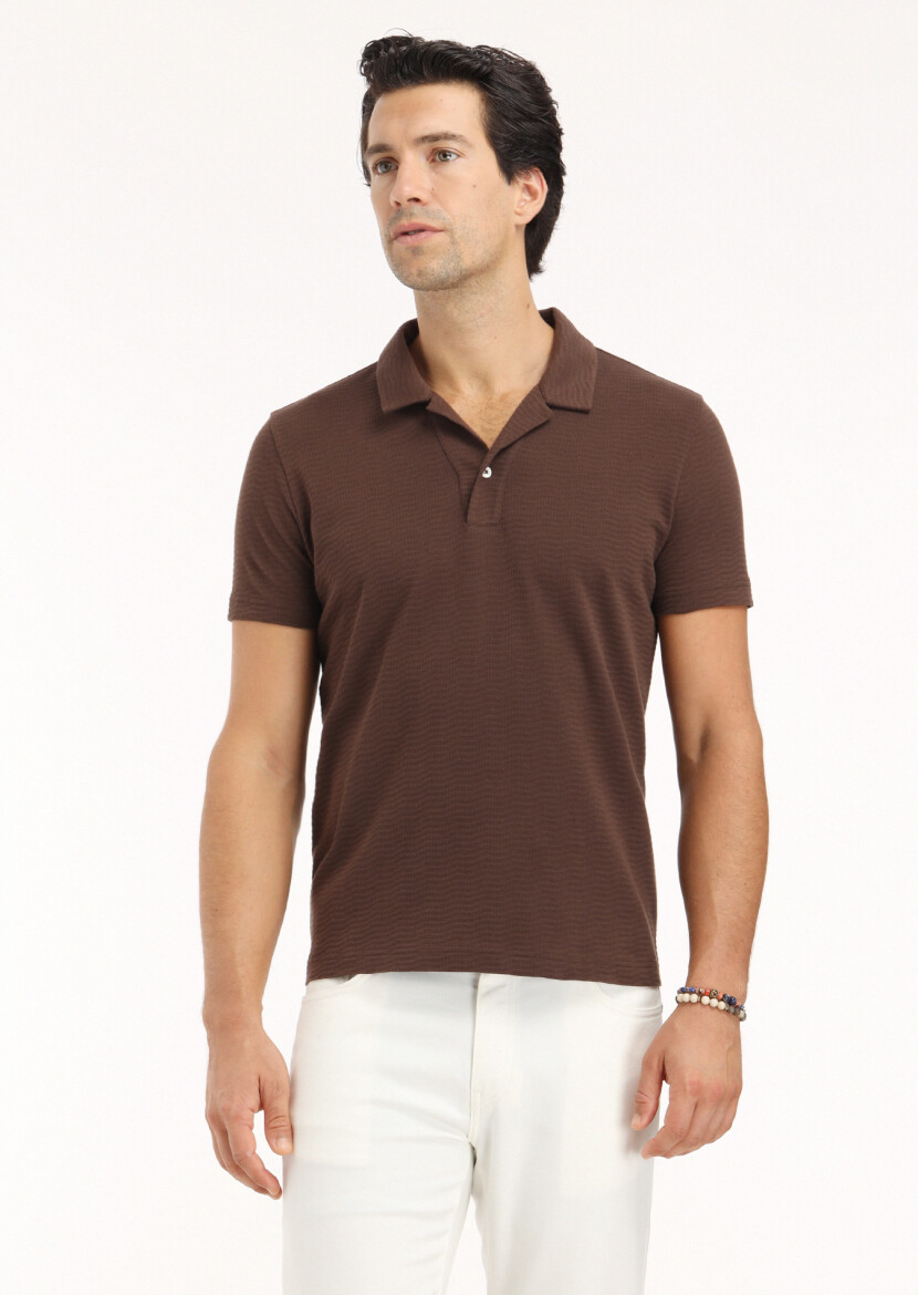 Brown Jacquard Cuban Collar 100% Cotton T-Shirt 