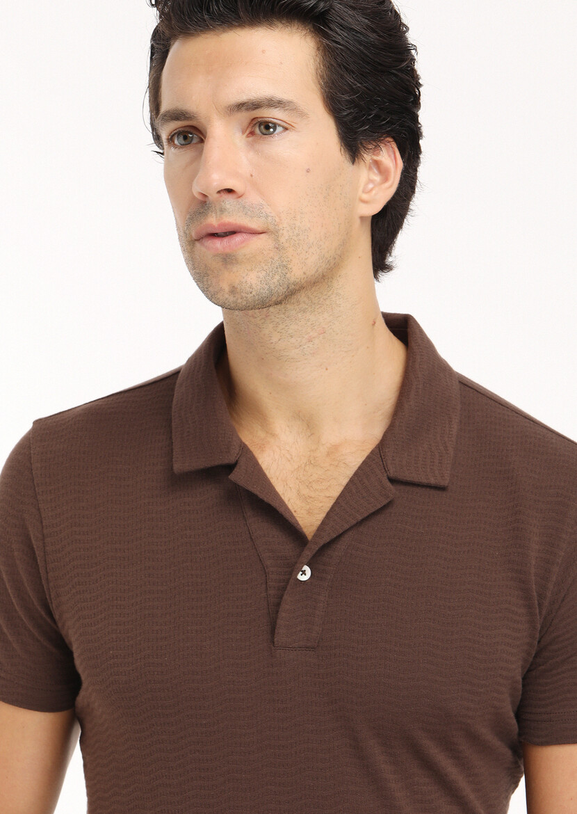 Brown Jacquard Cuban Collar 100% Cotton T-Shirt - 5