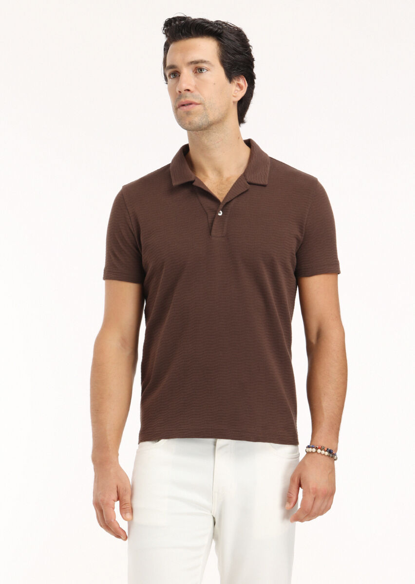 Brown Jacquard Cuban Collar 100% Cotton T-Shirt - 2