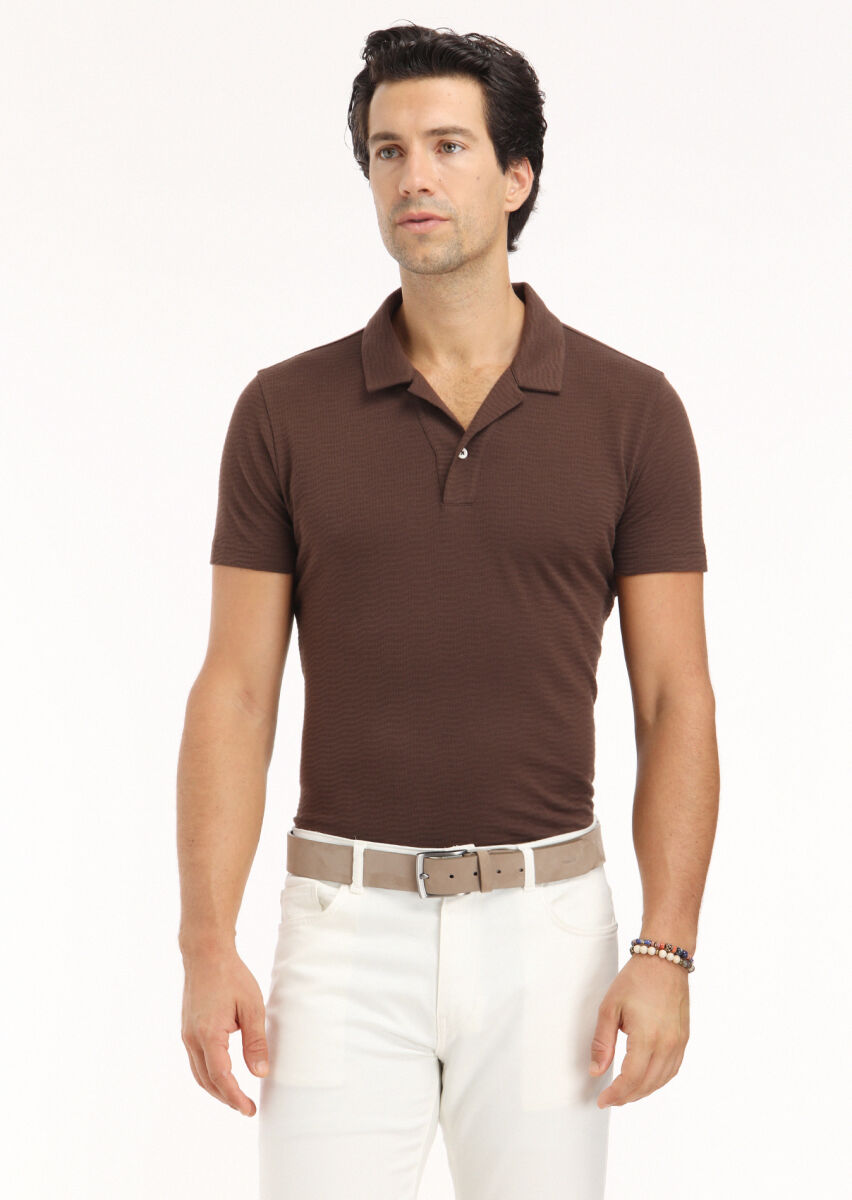 Brown Jacquard Cuban Collar 100% Cotton T-Shirt - 3