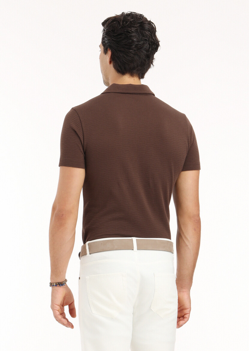 Brown Jacquard Cuban Collar 100% Cotton T-Shirt - 6