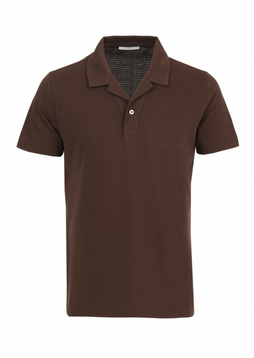 Brown Jacquard Cuban Collar 100% Cotton T-Shirt - 7