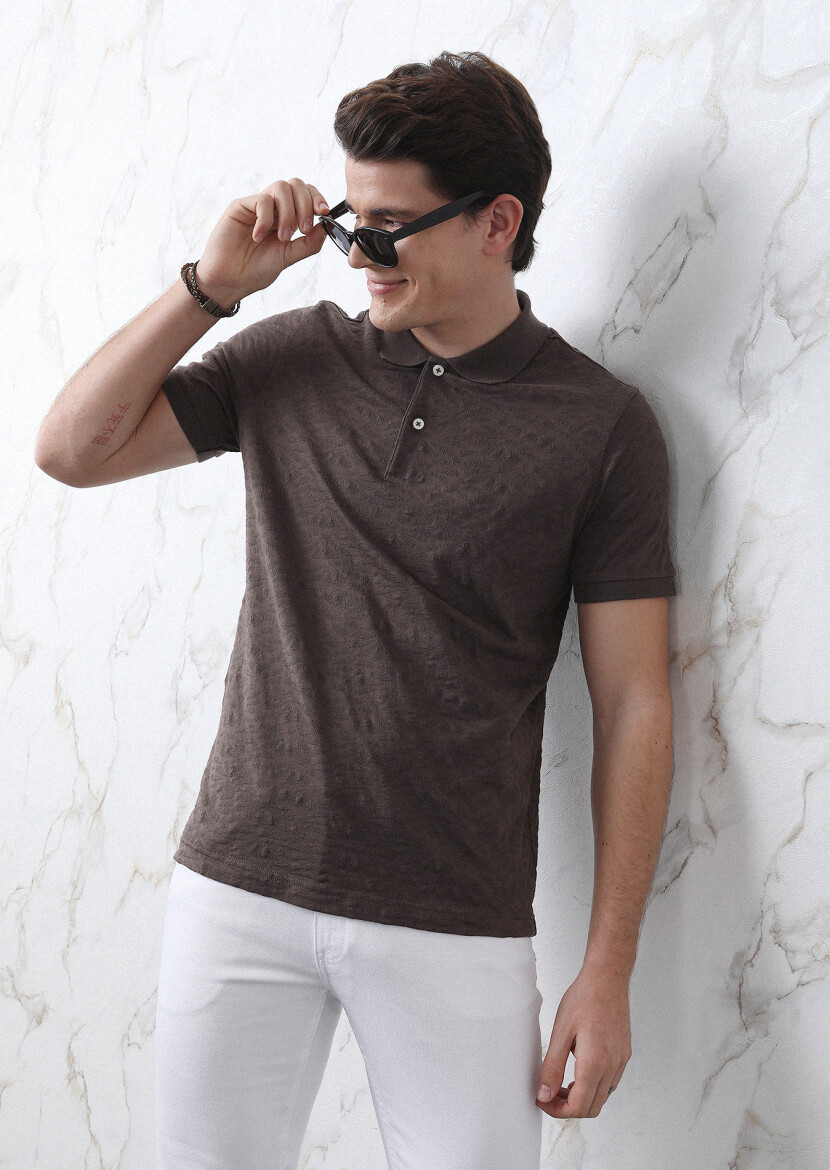 Brown Jacquard Polo Neck 100% Cotton T-Shirt 