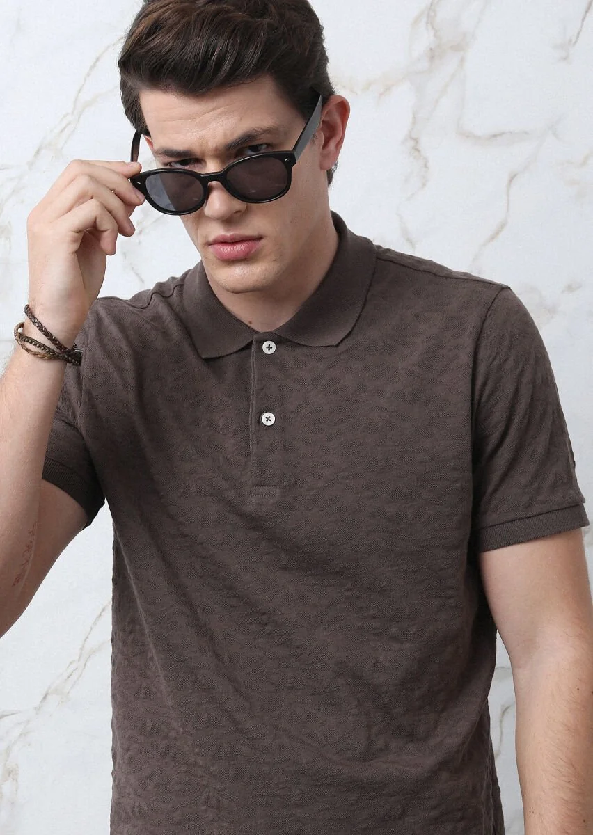 Brown Jacquard Polo Neck 100% Cotton T-Shirt - 3