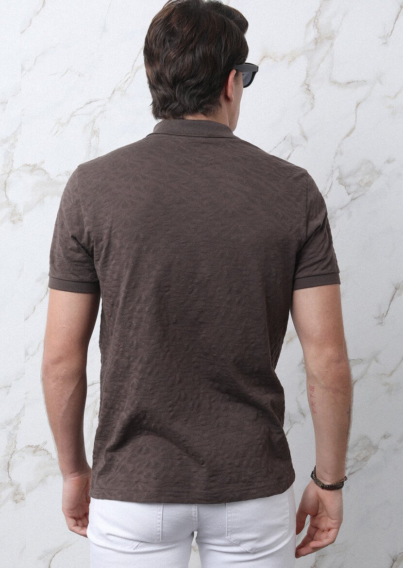 Brown Jacquard Polo Neck 100% Cotton T-Shirt - 8