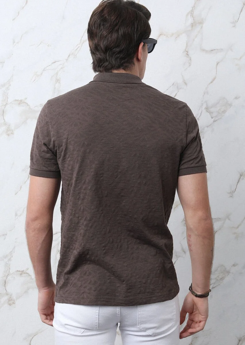 Brown Jacquard Polo Neck 100% Cotton T-Shirt - 8