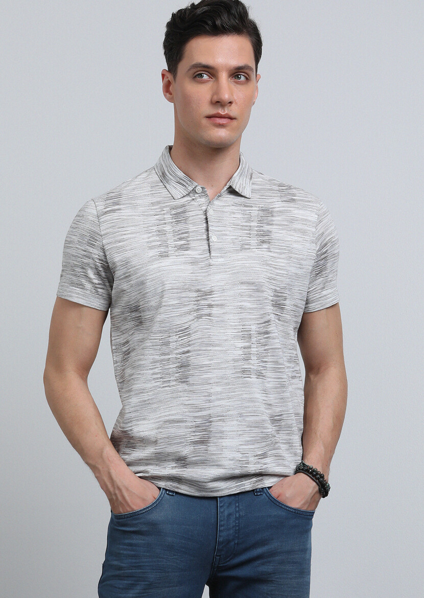 Brown Jacquard Polo Neck 100% Cotton T-Shirt - 4