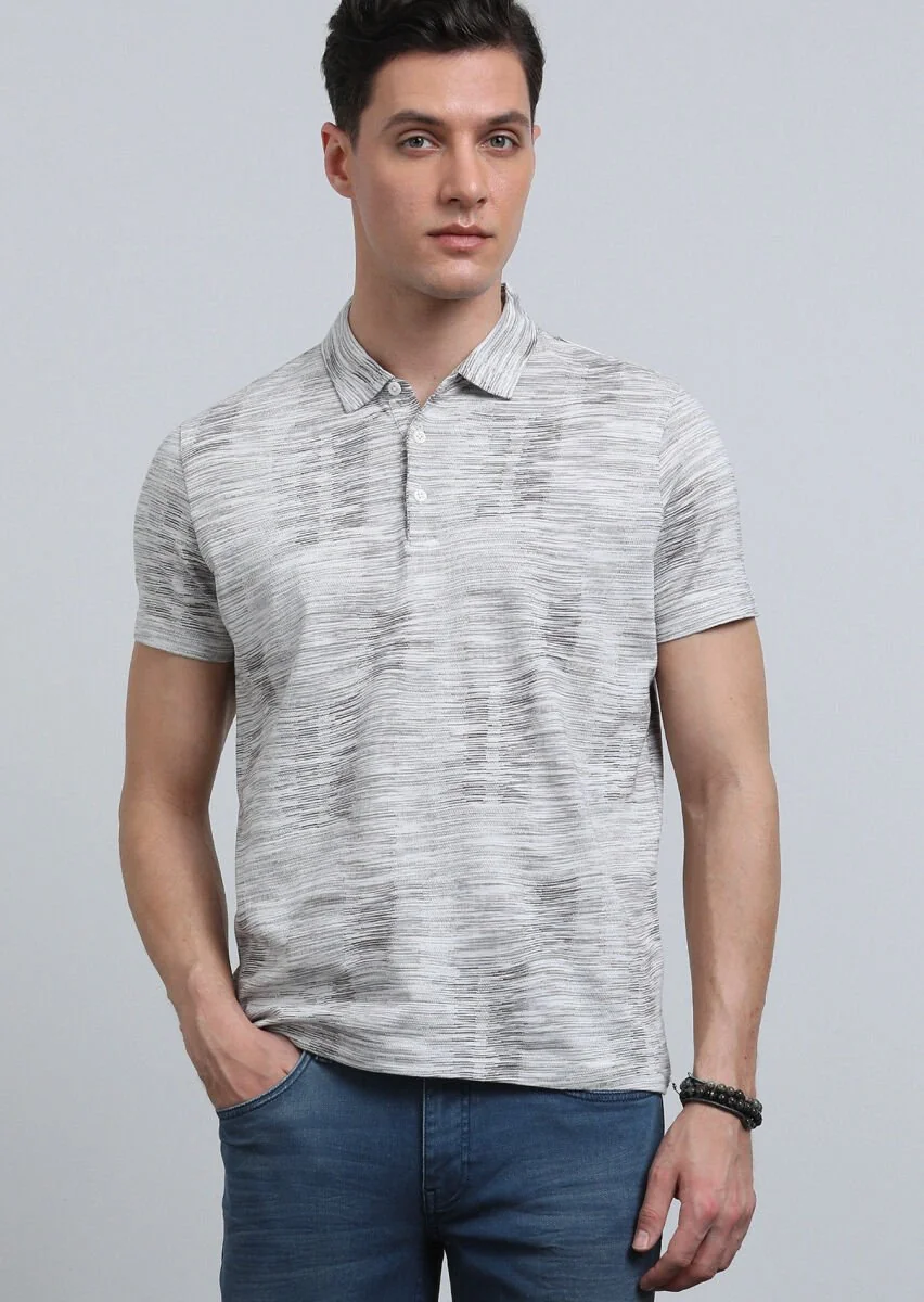 Brown Jacquard Polo Neck 100% Cotton T-Shirt - 1