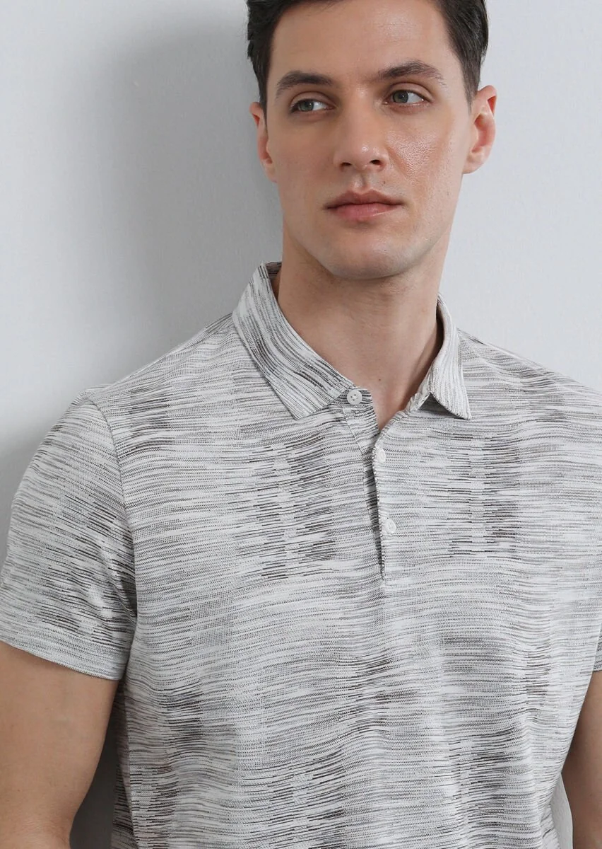Brown Jacquard Polo Neck 100% Cotton T-Shirt - 3