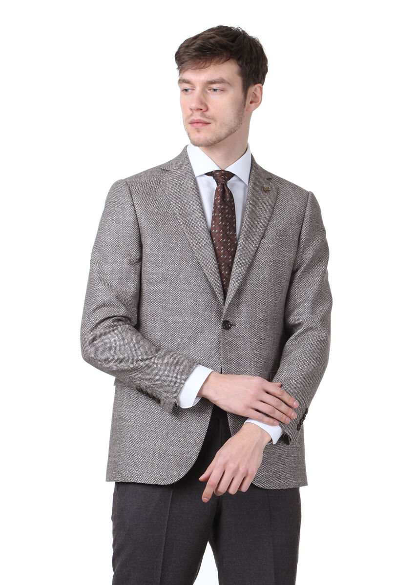 Brown Micro Regular Fit Silk Blended Jacket - 1