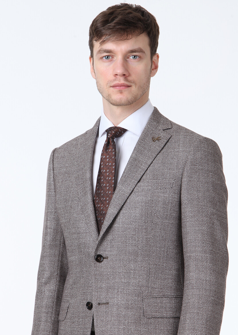 Brown Micro Regular Fit Silk Blended Jacket - 2