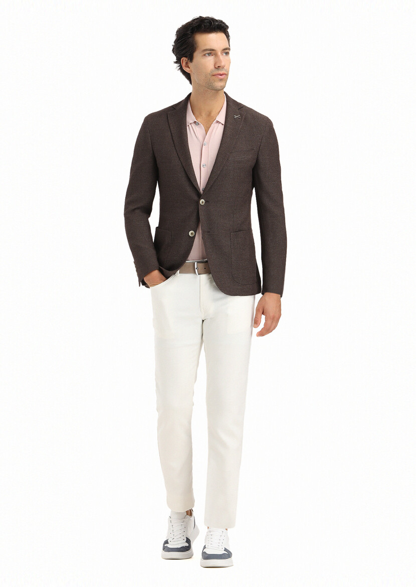 Brown Micro Shirt Shoulder Slim Fit Wool Blended Jacket - 1