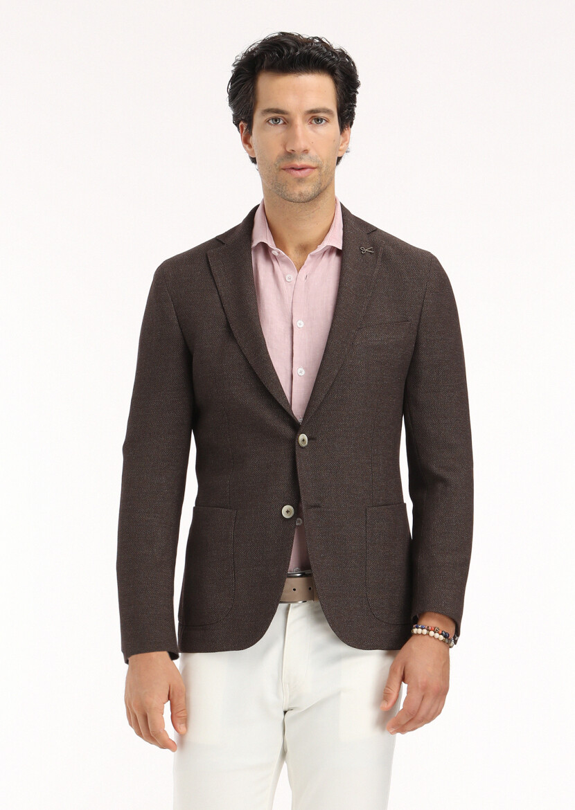 Brown Micro Shirt Shoulder Slim Fit Wool Blended Jacket - 2