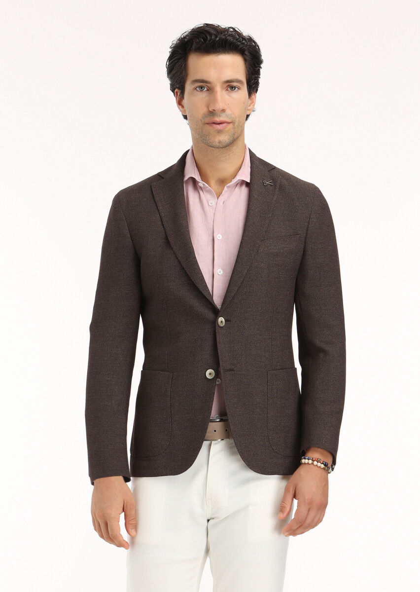 Brown Micro Shirt Shoulder Slim Fit Wool Blended Jacket - 2