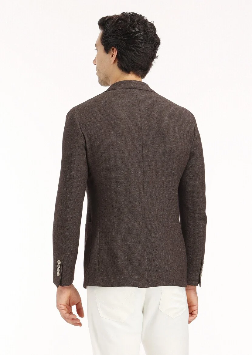 Brown Micro Shirt Shoulder Slim Fit Wool Blended Jacket - 6
