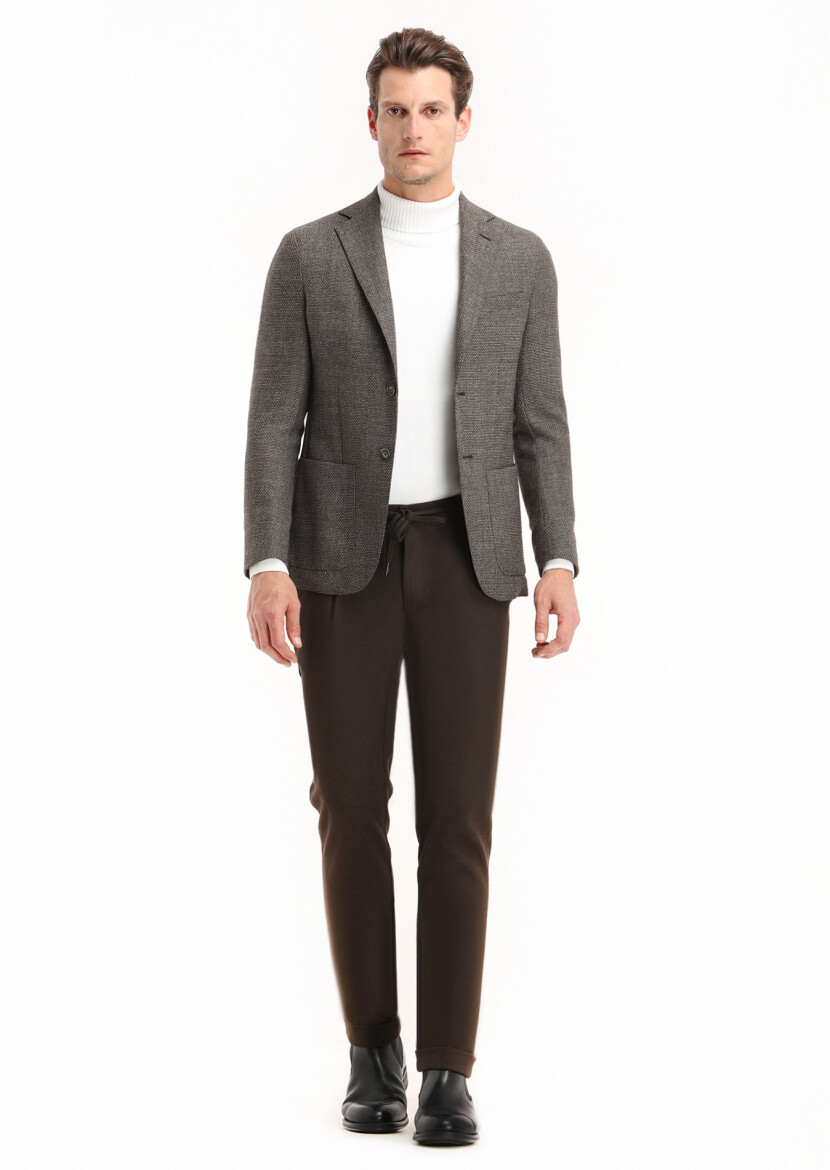 Brown Patterned Comfort Fit 100% Wool Jacket - 1