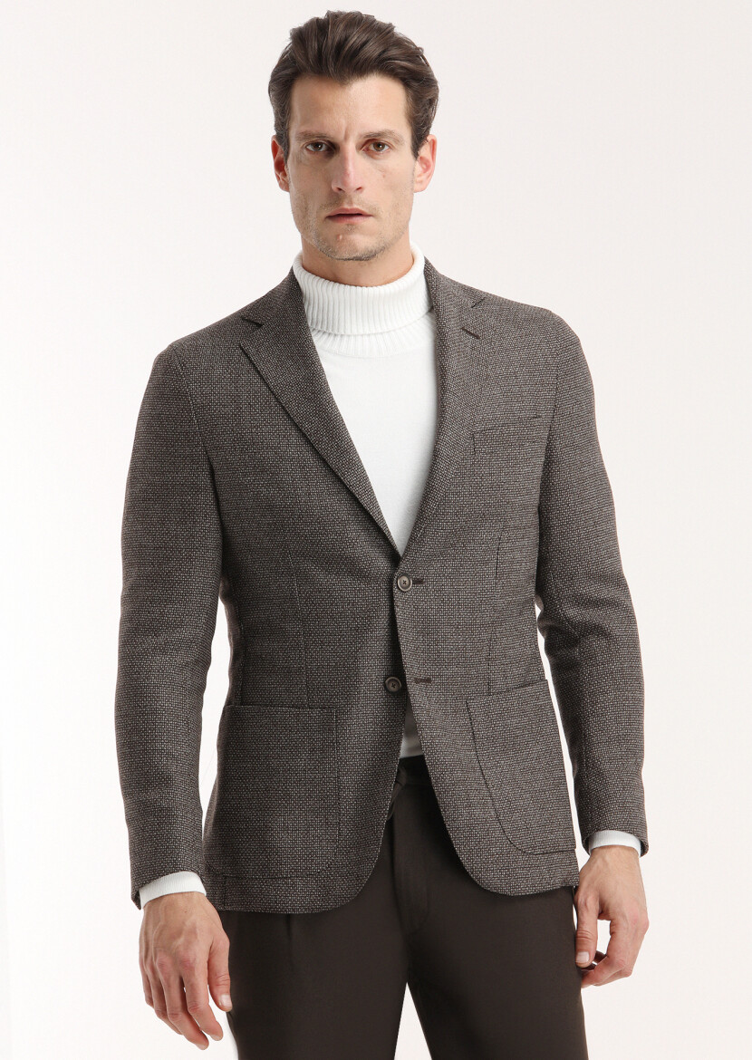 Brown Patterned Comfort Fit 100% Wool Jacket - 2