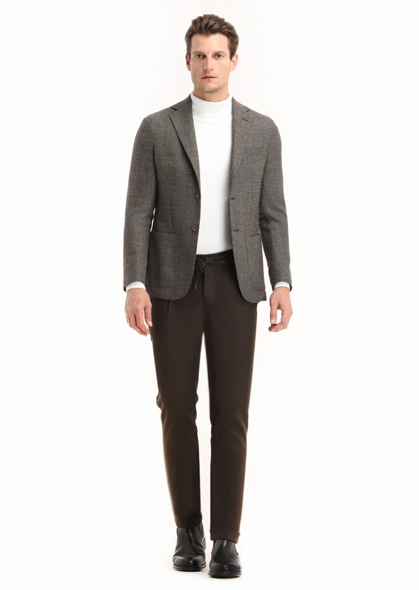 Brown Patterned Comfort Fit 100% Wool Jacket - 1