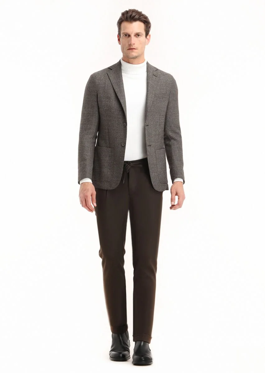 Brown Patterned Comfort Fit 100% Wool Jacket - 1
