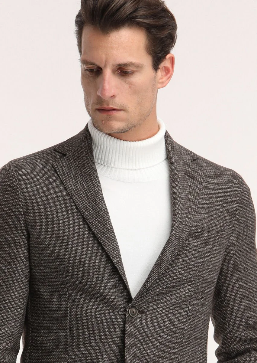 Brown Patterned Comfort Fit 100% Wool Jacket - 2