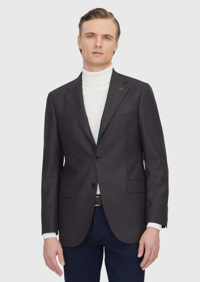 Brown Patterned Regular Fit 100% Wool Jacket - 1