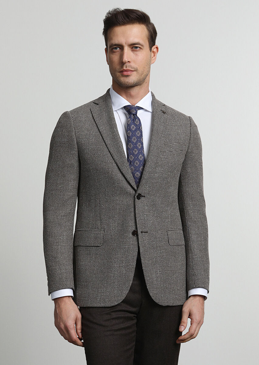 Brown Patterned Regular Fit Silk Blended Jacket - 1