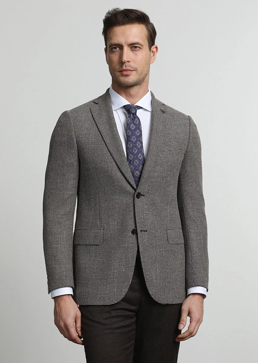 Brown Patterned Regular Fit Silk Blended Jacket - 1