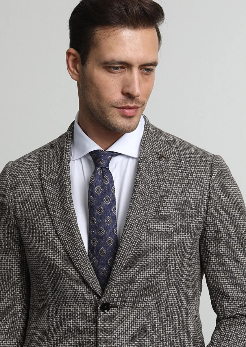 Brown Patterned Regular Fit Silk Blended Jacket - 2