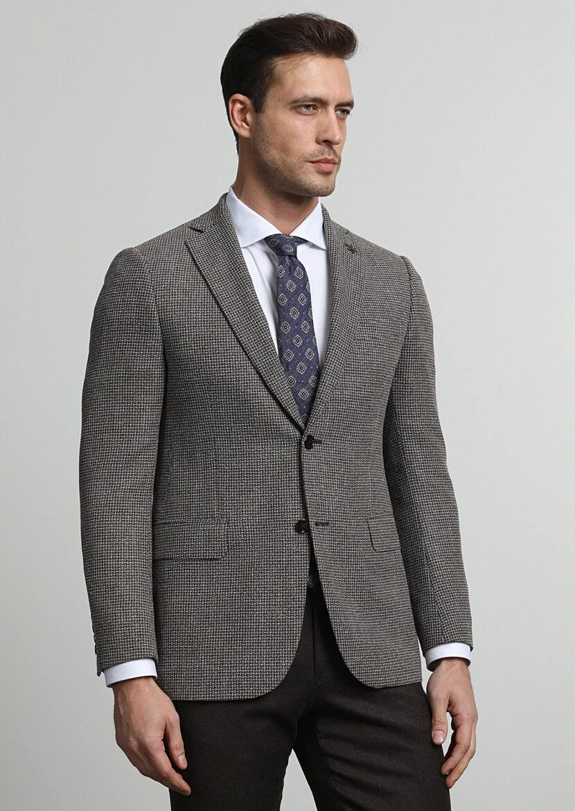 Brown Patterned Regular Fit Silk Blended Jacket - 3